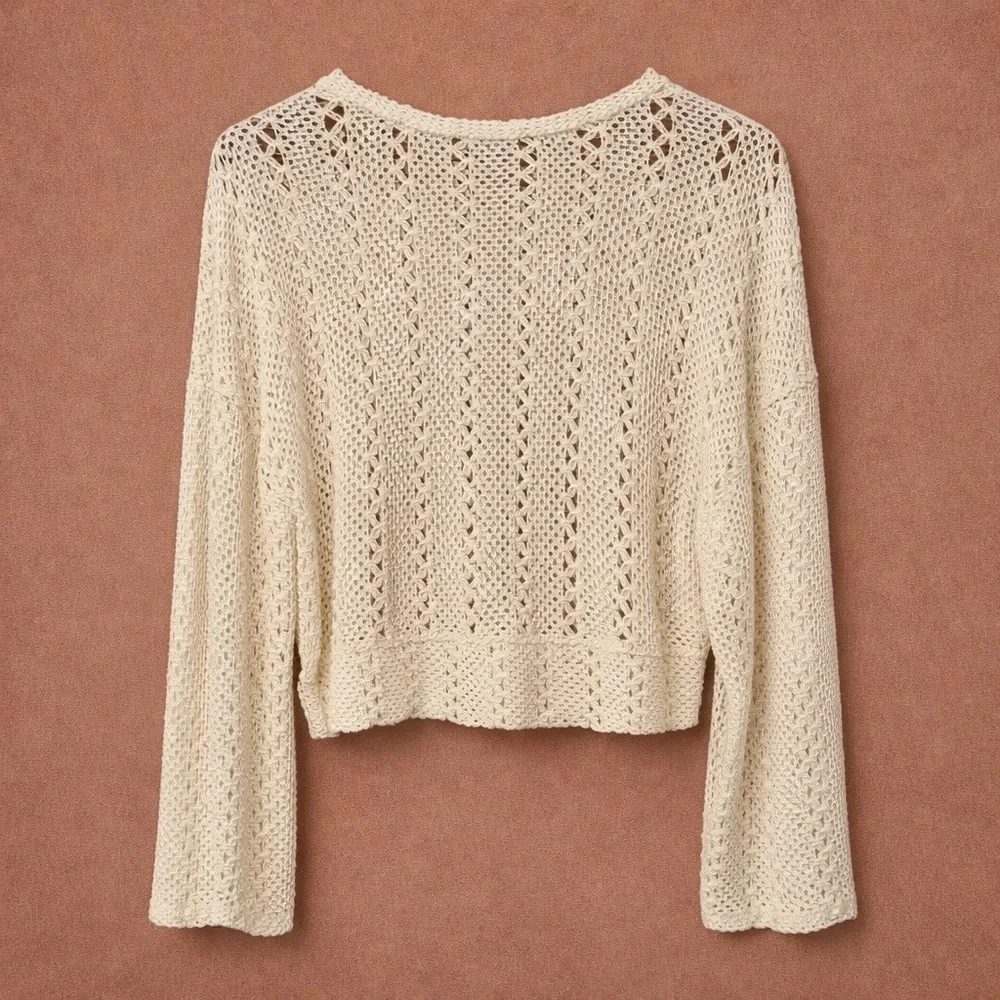 Zara Cream Open Knit Crochet Sweater | Cropped Boho Pullover - S
